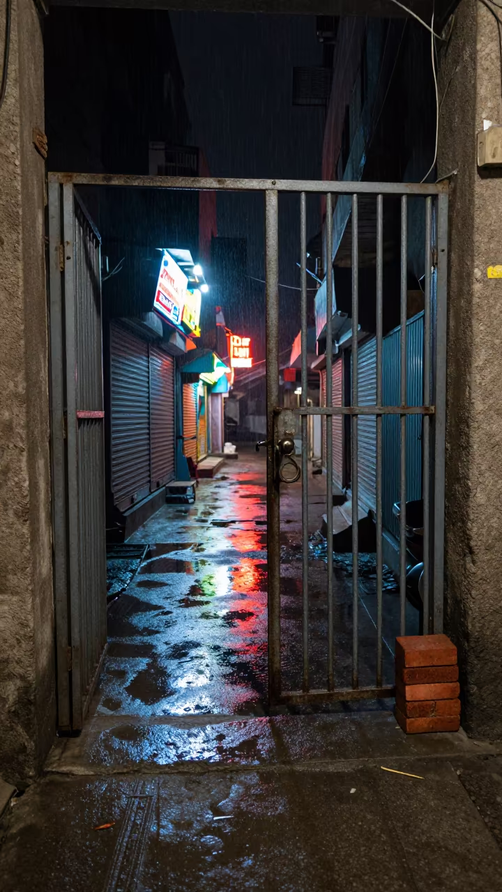 Open Alley Door Propped by Brick Under Neon in along a shuttered arcade in Gujranwala