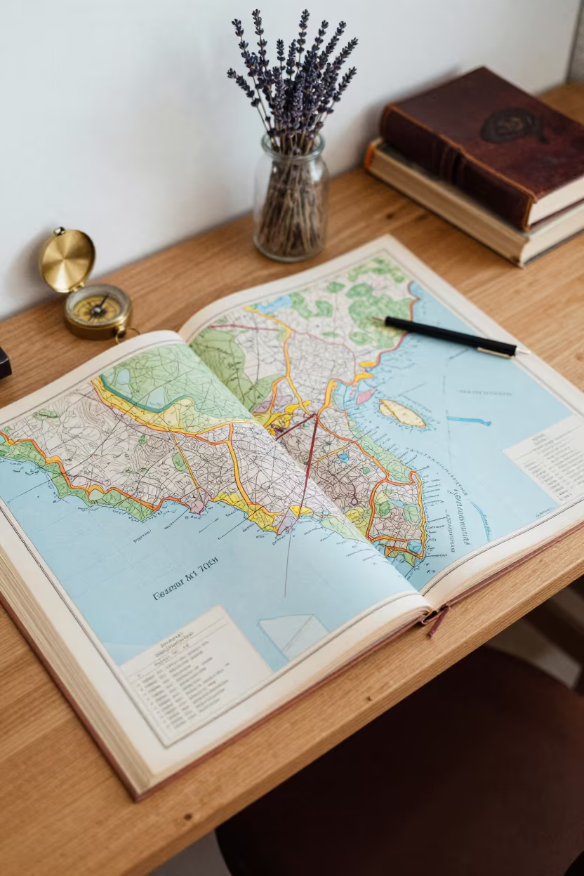 Open Atlas Hand Colored Maps Cordoba Shelf in on a workshop shelf near Cordoba