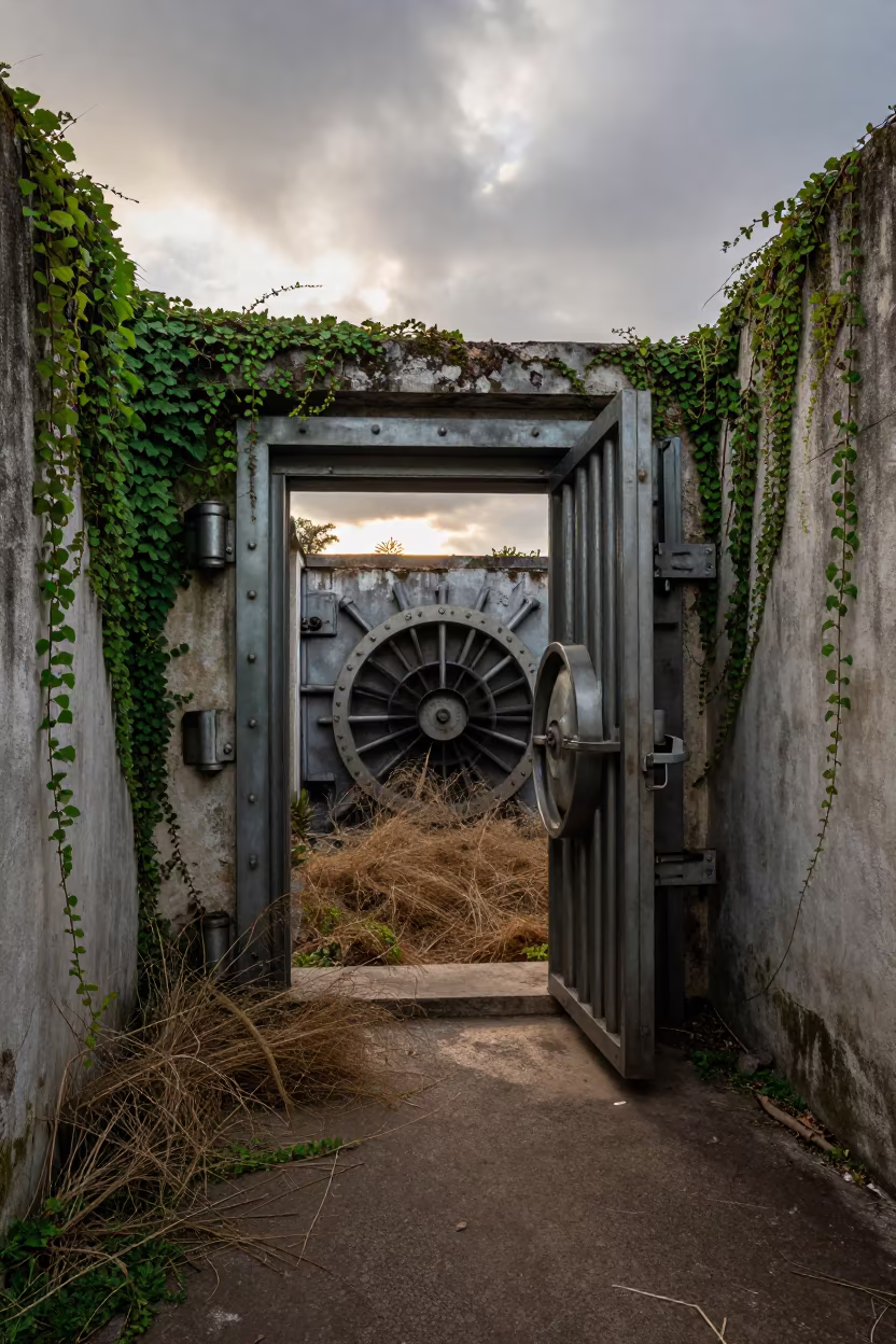 Open Bank Vault Door and Tumbleweed in Maputo Ruin in along a vine-choked corridor near Maputo