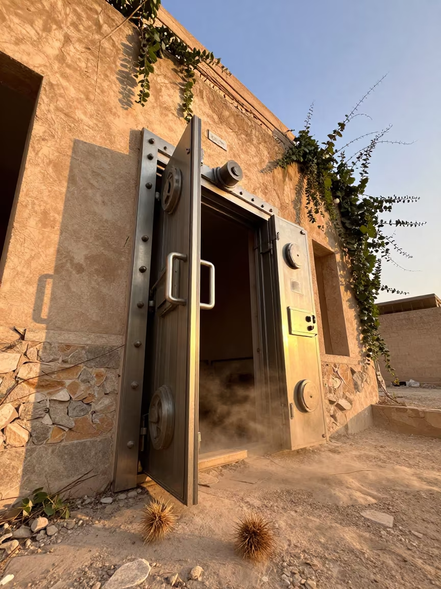 Open Bank Vault in Gharyan Ruin at Golden Hour in along a vine-choked corridor near Gharyan