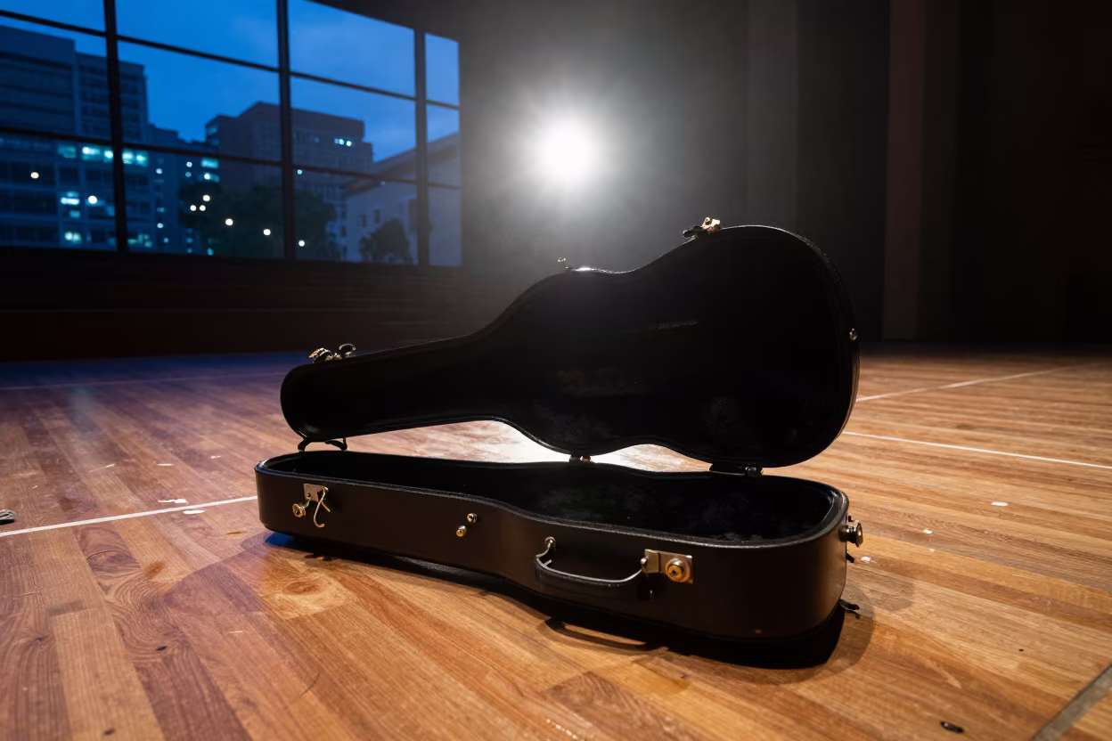Open Cello Case Silhouetted Against City Lights in Cochabamba in in a concert hall in Cochabamba