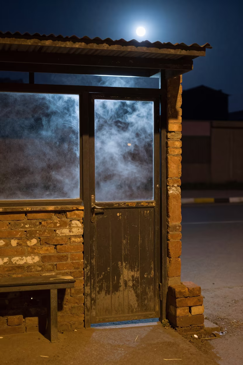 Open Door Brick Night Méagui Street in beside a steamed-up bus shelter in Méagui