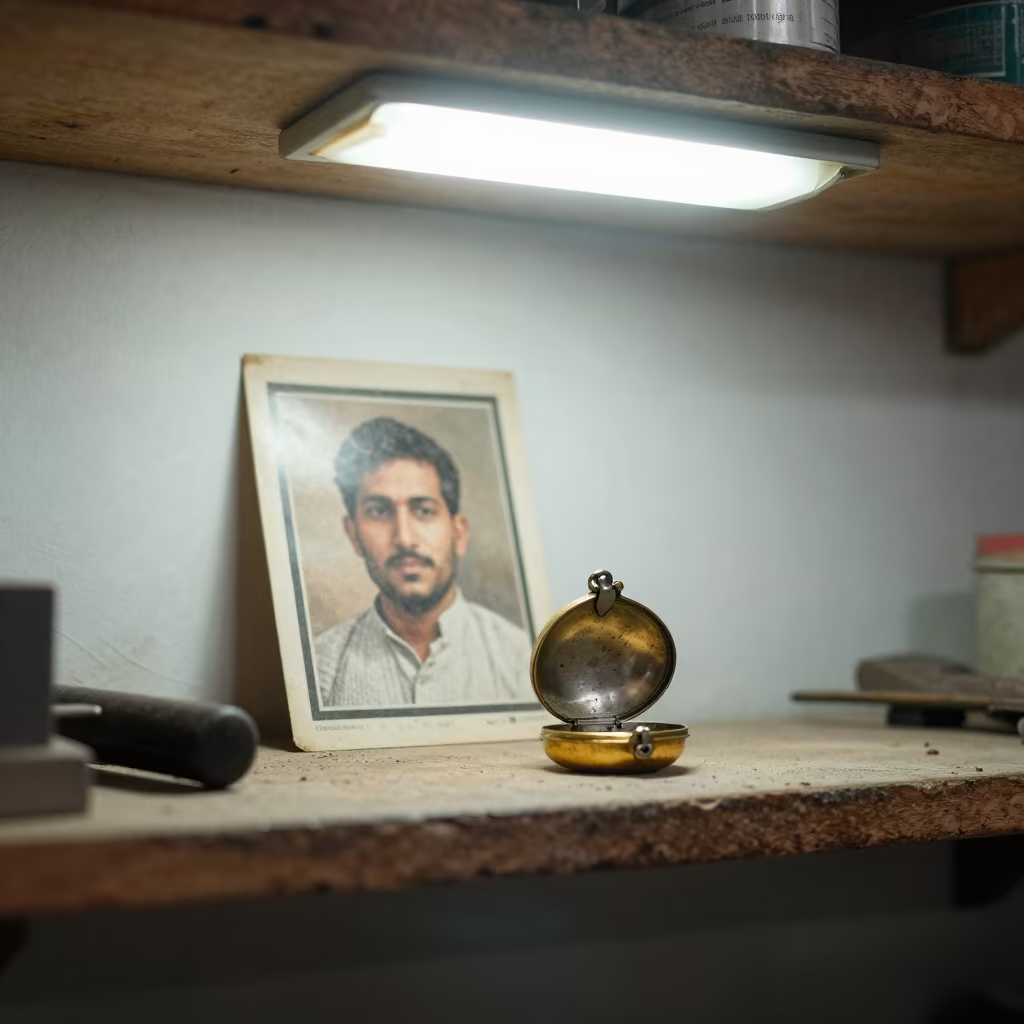 Open Gold Locket Beside Faded Portrait in on a workshop shelf in Jacobabad