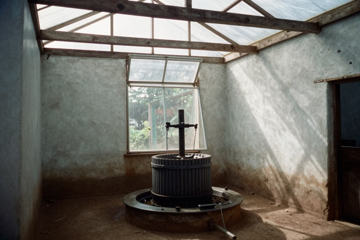 Open Greenhouse Vent in South Sudan Olive Press in inside a village olive press in South Sudan