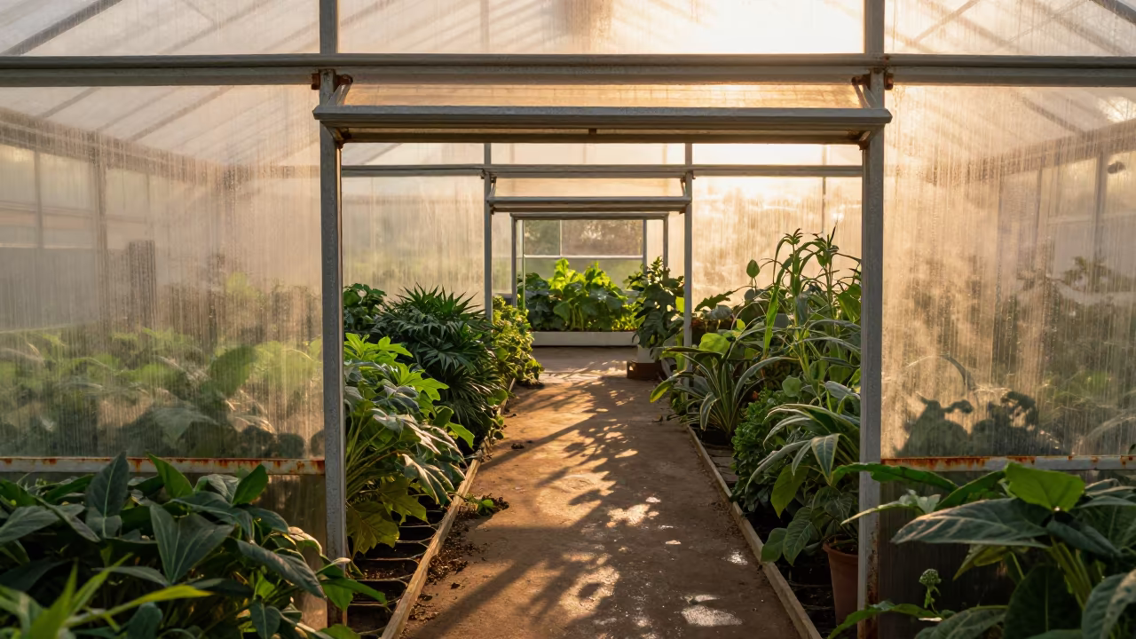 Open greenhouse vent at sunset in California in inside a humid greenhouse aisle in California