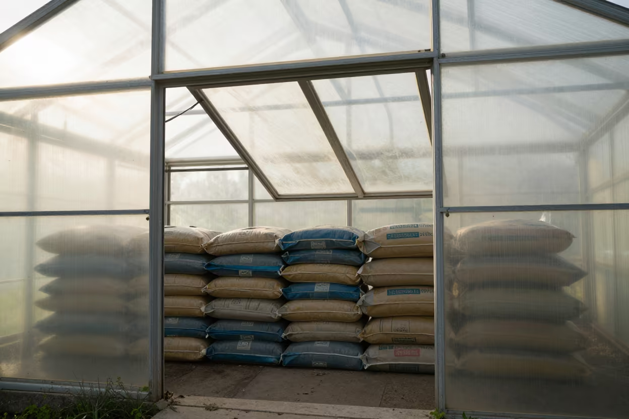 Open Greenhouse Vent in Turin Machine Shed in inside a machine shed with seed bags stacked high in Turin
