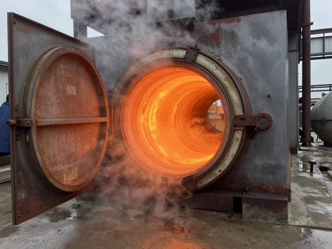 Open Kiln Door Glowing Orange in Welding Bay in in a welding bay near Gabiadji