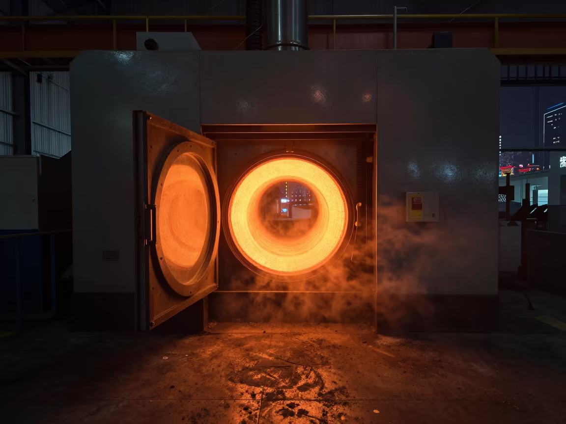 Open Kiln Door Glowing in Qingdao Shop in in a machine shop near Qingdao