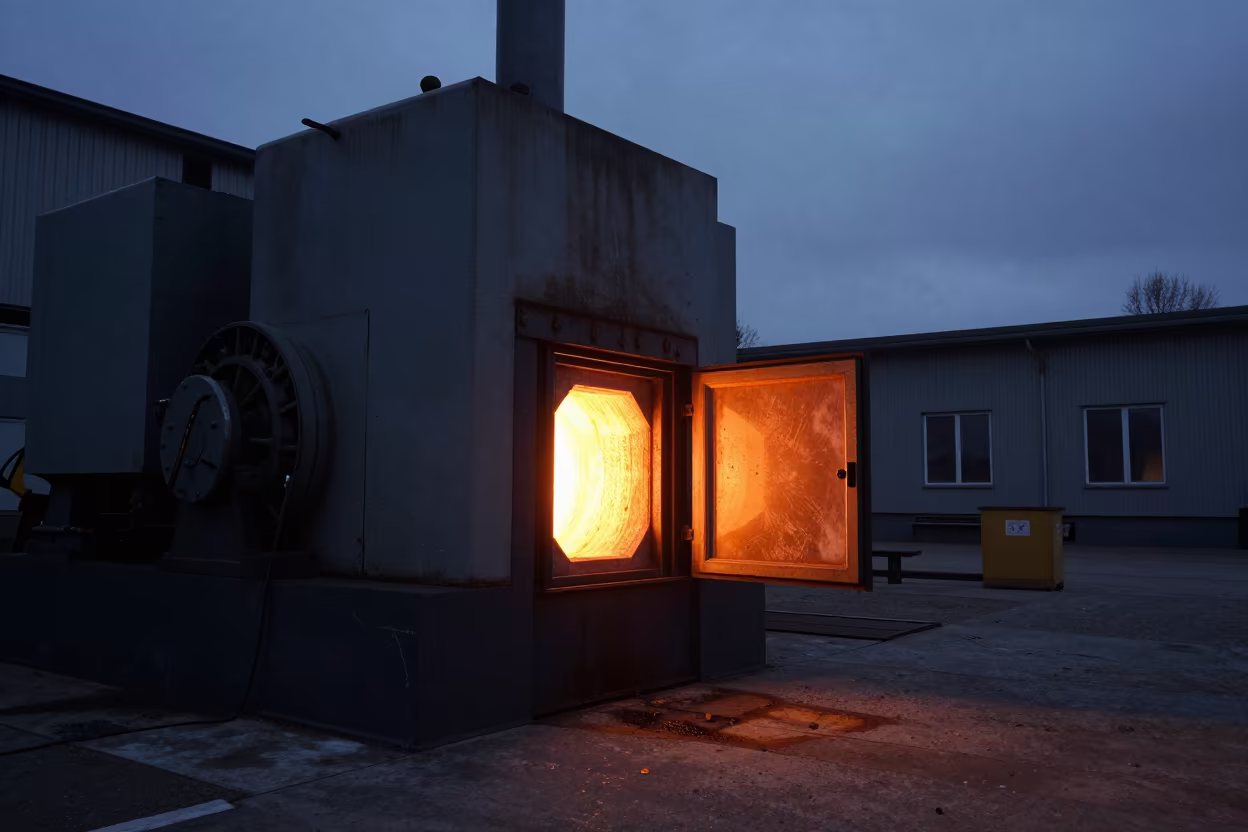 Open Kiln Door Glows in Predawn Machine Shop in in a machine shop near Klaipėda