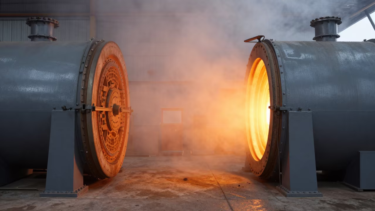 Open Kiln Door Radiating Heat in Turbine Hall in in a turbine hall near Marrakech