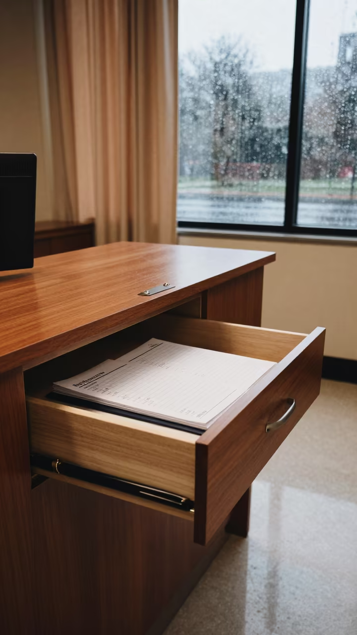 Open Log Drawer Under Curtains Late Morning Rain in at a reception desk under warm light near Bimbo