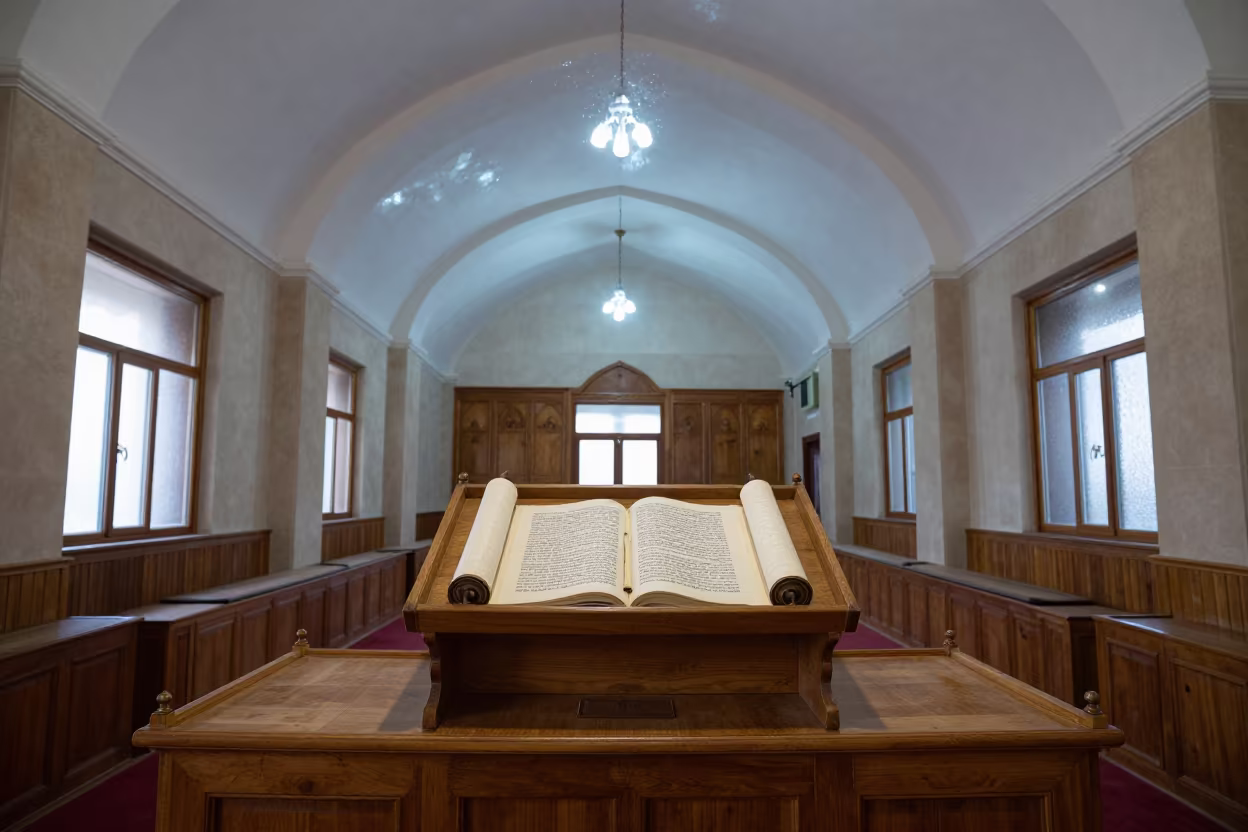 Open Torah on Synagogue Bimah in Ahvaz Hall in inside a timber synagogue hall in Ahvaz