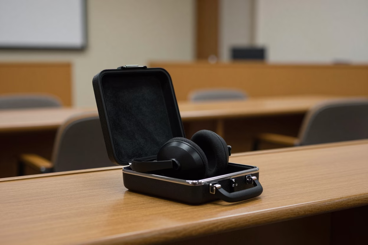 Open Translation Headset Case in Town Hall in in a fluorescent town hall meeting room near Damanhur