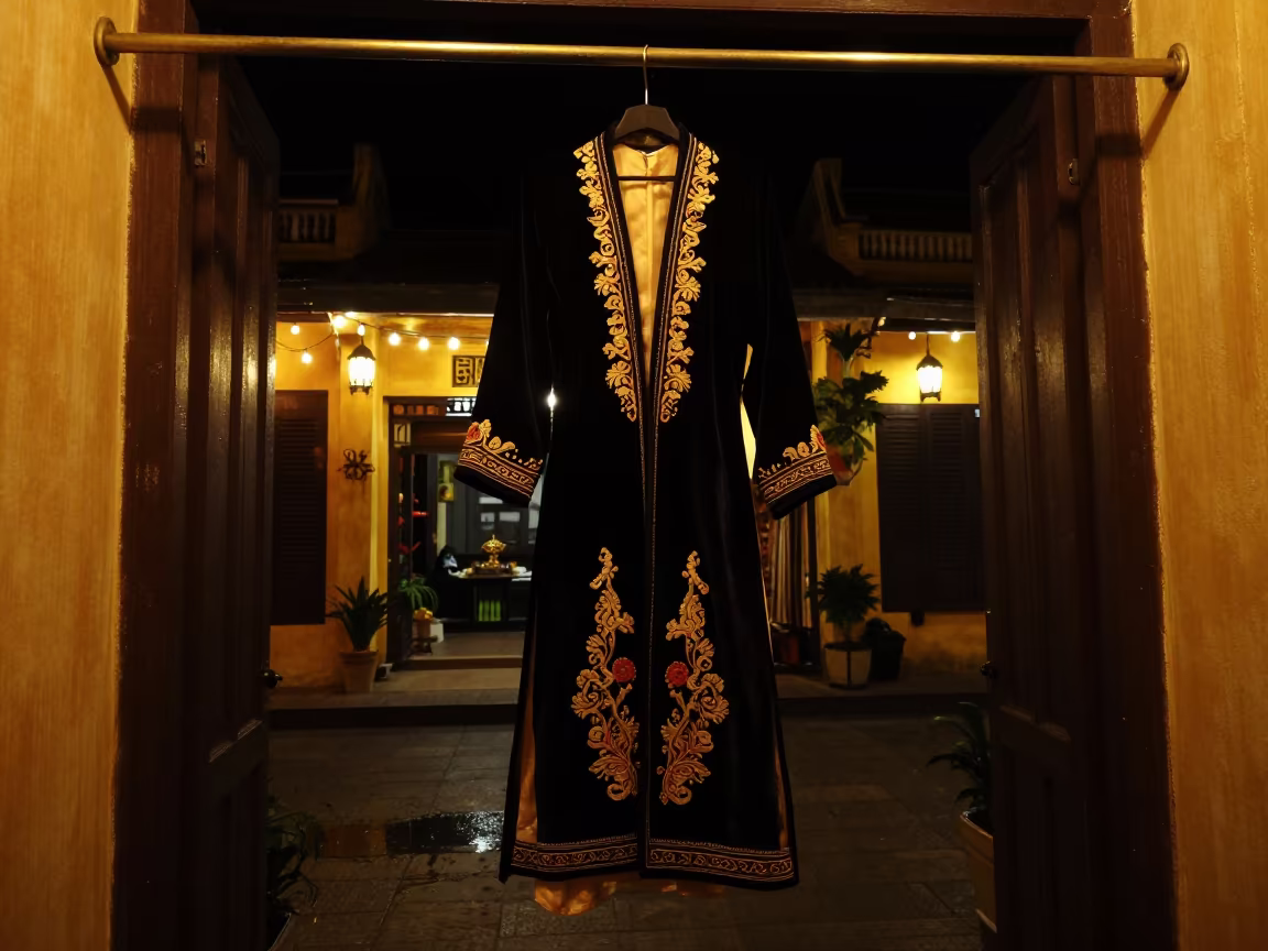 Opera Coat on Brass Rail in Hoi An Atelier in inside a couture atelier in Hoi An