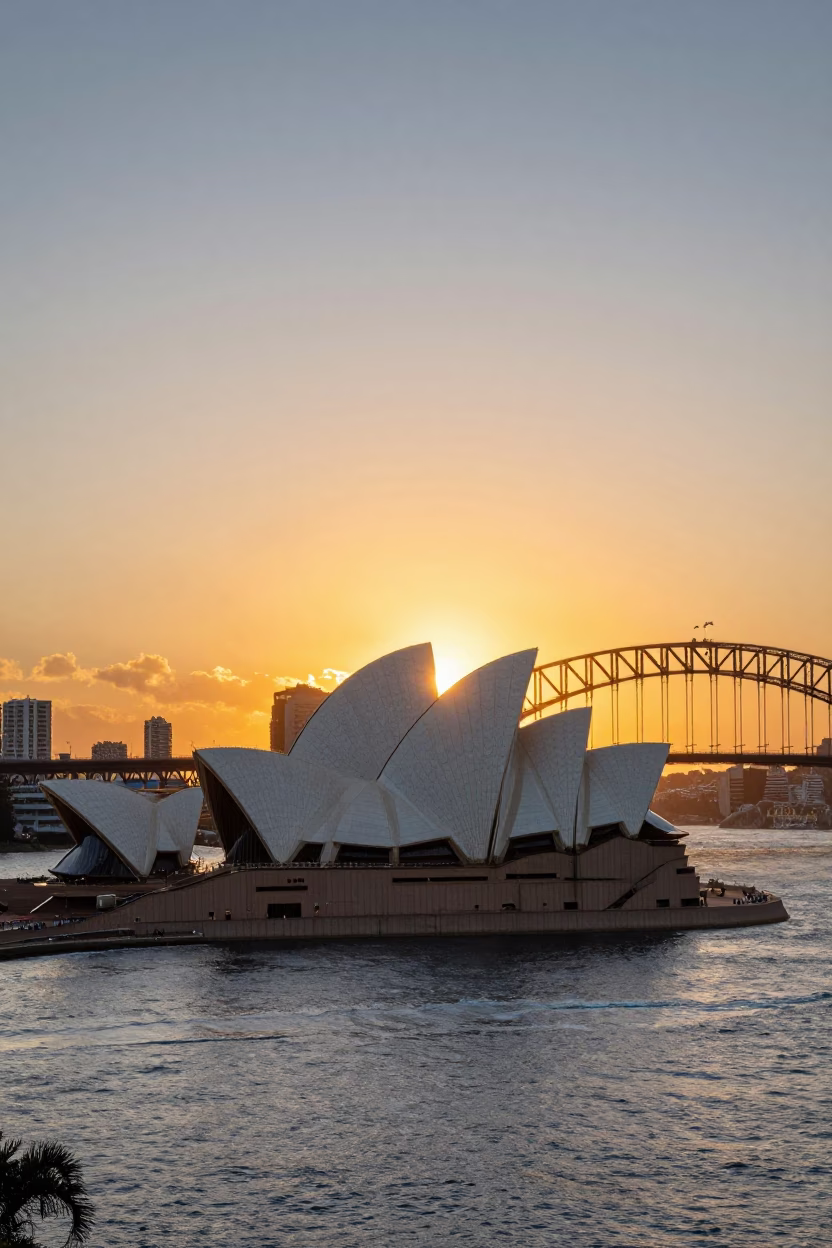 Opera House in Sydney at As The Sun Drops Toward The Horizon in in Sydney, New South Wales, Australia
