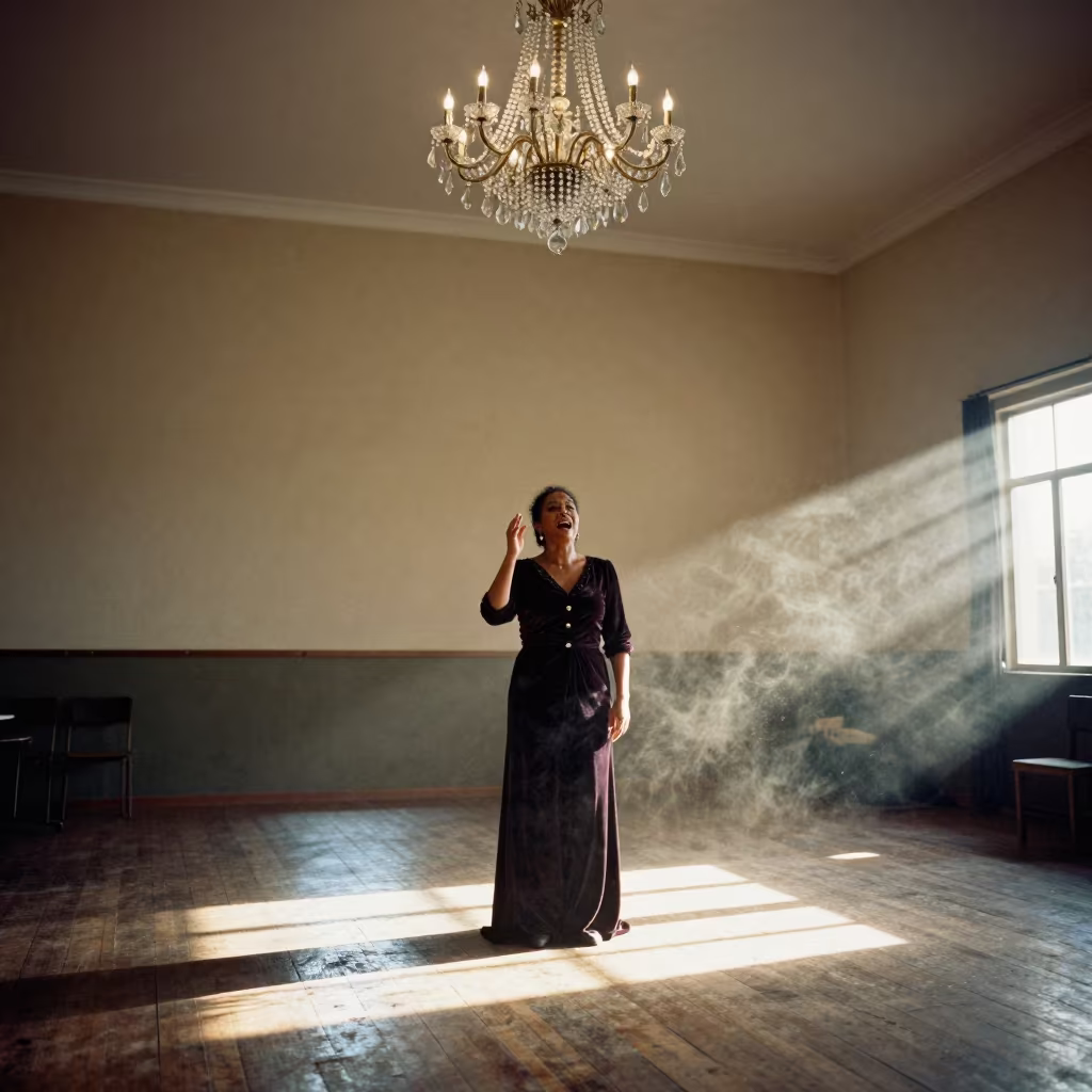 Opera Singer Under Chandelier in Madagascar Rehearsal in in a rehearsal room in Antananarivo