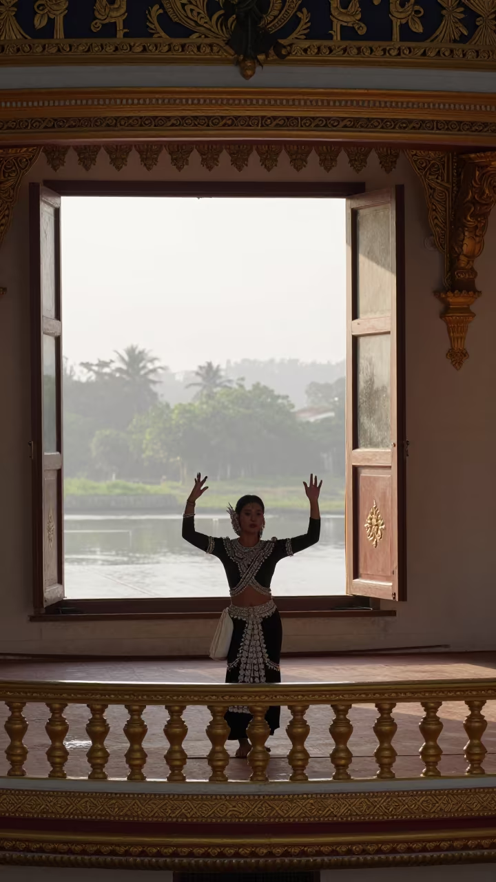Opera Singer on Gilded Myeik Theater Balcony in on a theater stage in Myeik