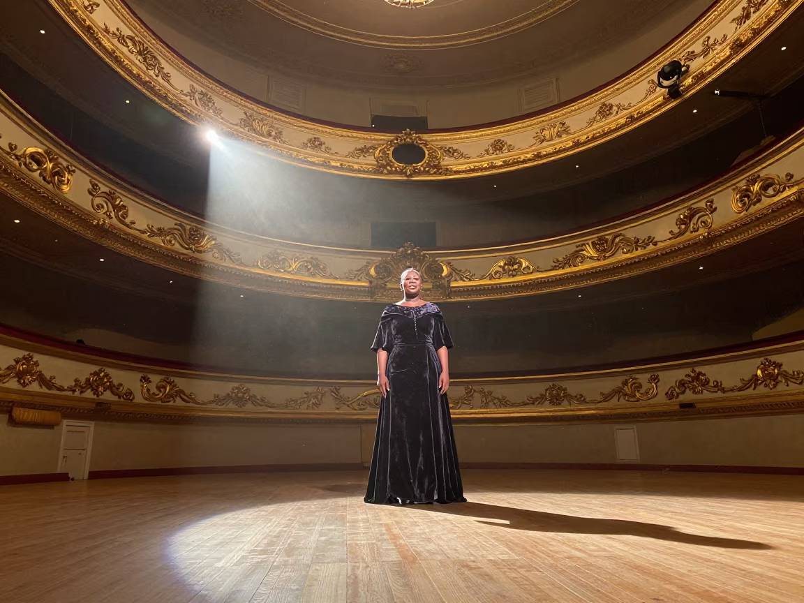 Opera Singer on Gilded Theater Balcony at Dawn in on a theater stage in Benin City