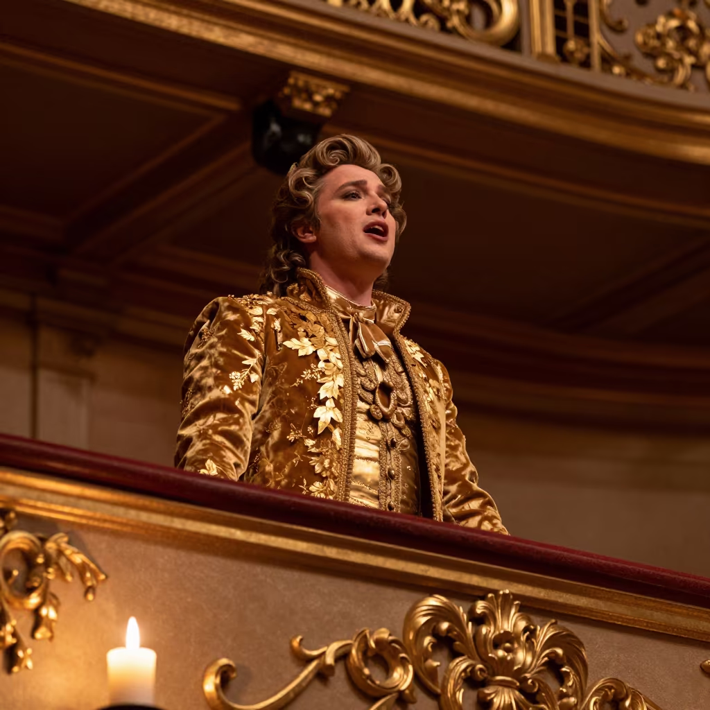 Opera Singer Projecting on Gilded Theater Balcony in in a concert hall in Essen