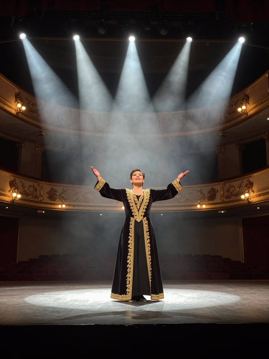 Opera Singer in Gilded Theater Kayseri in on a theater stage in Kayseri