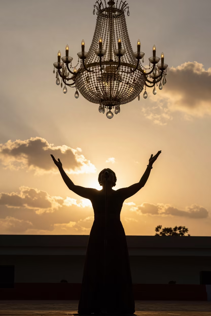 Opera Singer Silhouette Under Crystal Chandelier in in a concert hall in Ogbomosho