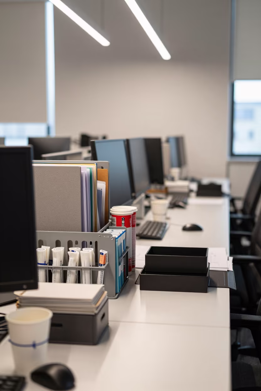 Operations Center Desk with Zip Tie Cup and Office Supplies in in an operations center under monitor glow in Changsha