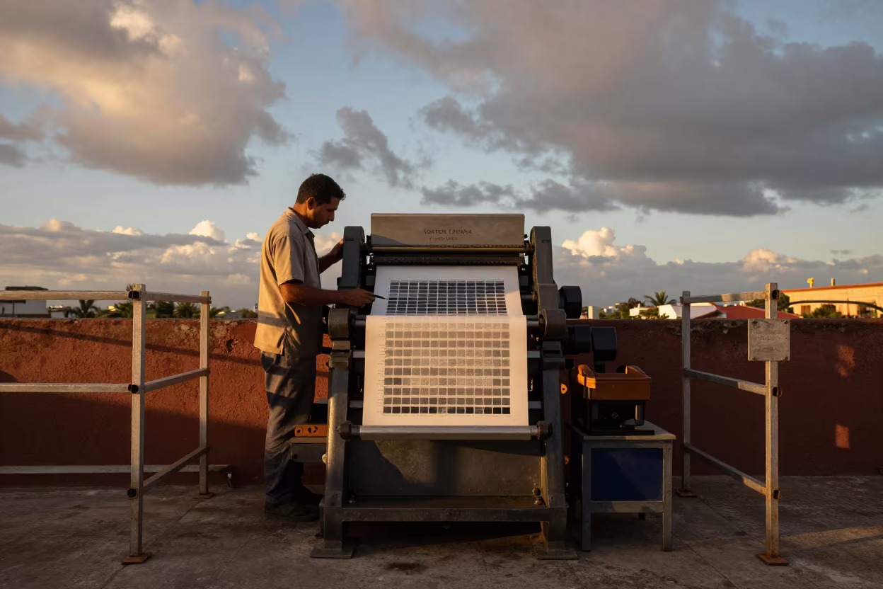 Operator Checks Ink Density on Printing Press in on a scaffold platform near Santo Domingo