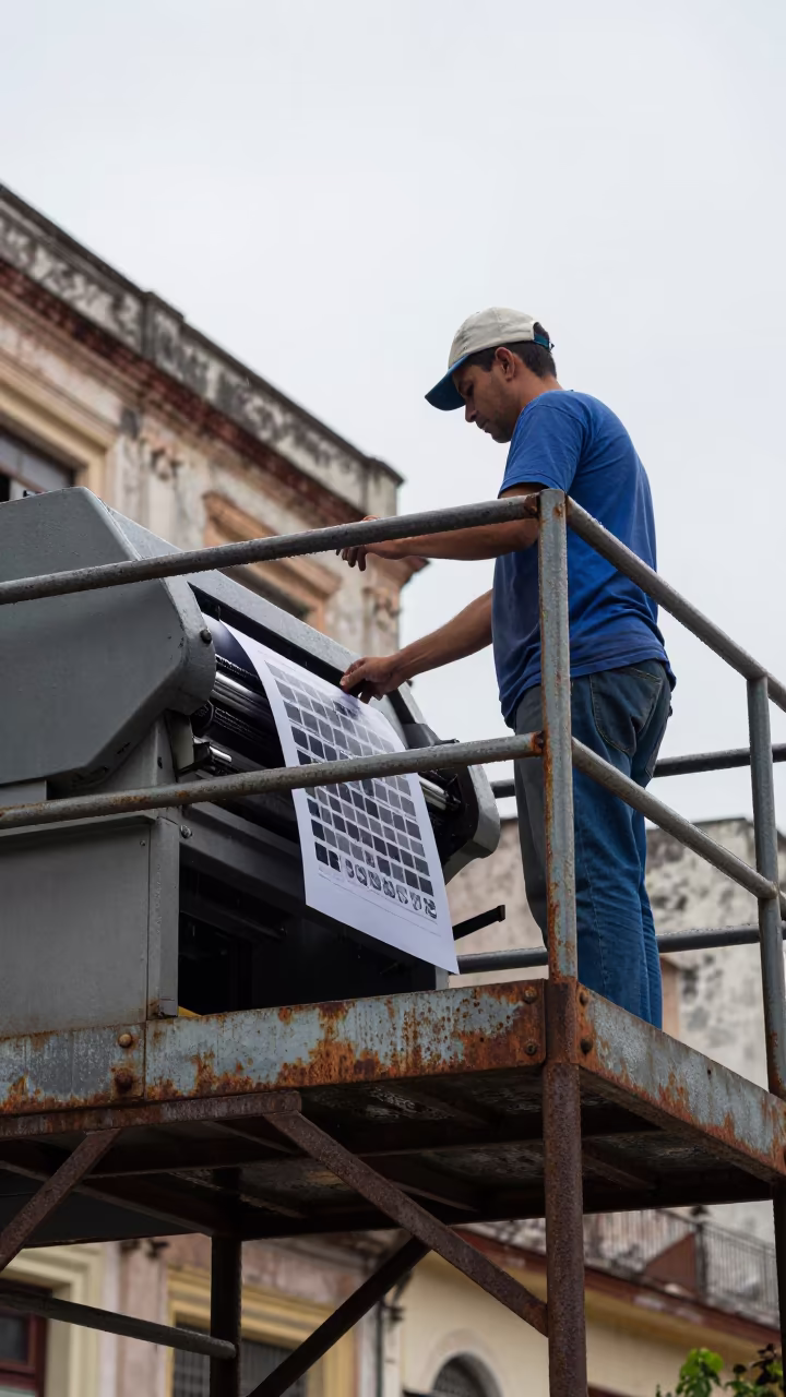 Operator Checks Ink Density on Scaffold Near Havana in on a scaffold platform near Havana