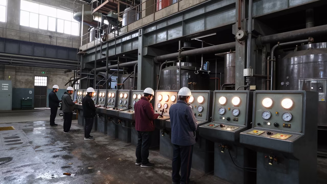 Operators Watch Gauges in Mashhad Tea Hall in inside a tea-processing hall near Mashhad