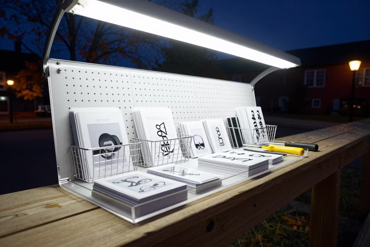 Optical Repair Tray on Ottawa Pier at Night in on a pier railing in Ottawa
