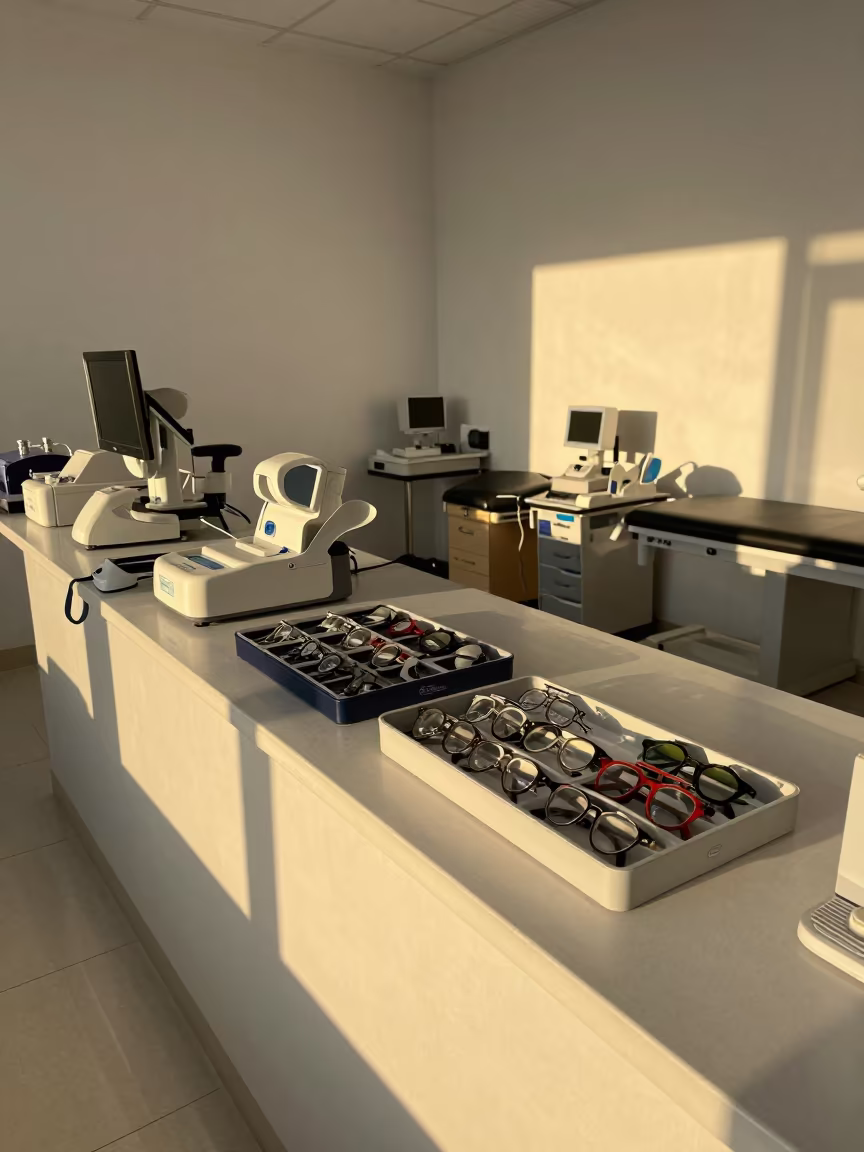 Optometry Lens Flipper Tray in Cairo Clinic Corridor in along a therapy corridor with organized equipment in Al Mokattam