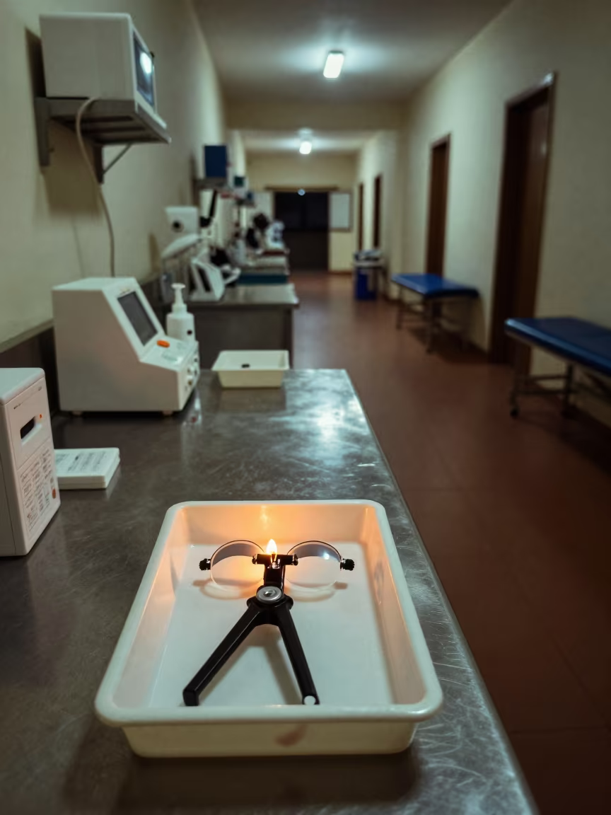 Optometry Lens Flipper Tray in Kinshasa Clinic in along a therapy corridor with organized equipment in Kinshasa