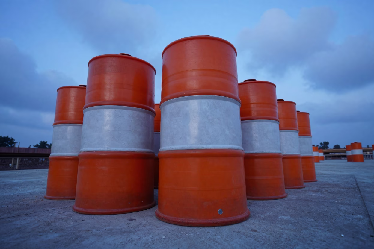 Orange Barrel Stack on Tando Allahyar Deck in on an active construction deck in Tando Allahyar