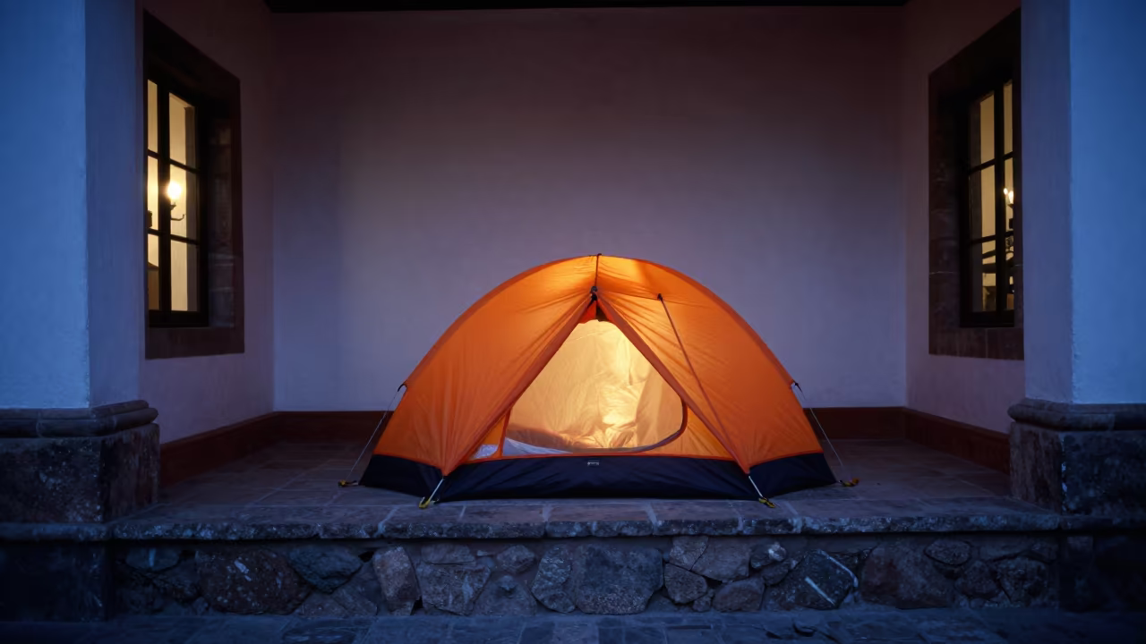 Orange Bivouac Tent on Stone Ledge at Twilight in on a stone ledge in San Cristobal, Cusco