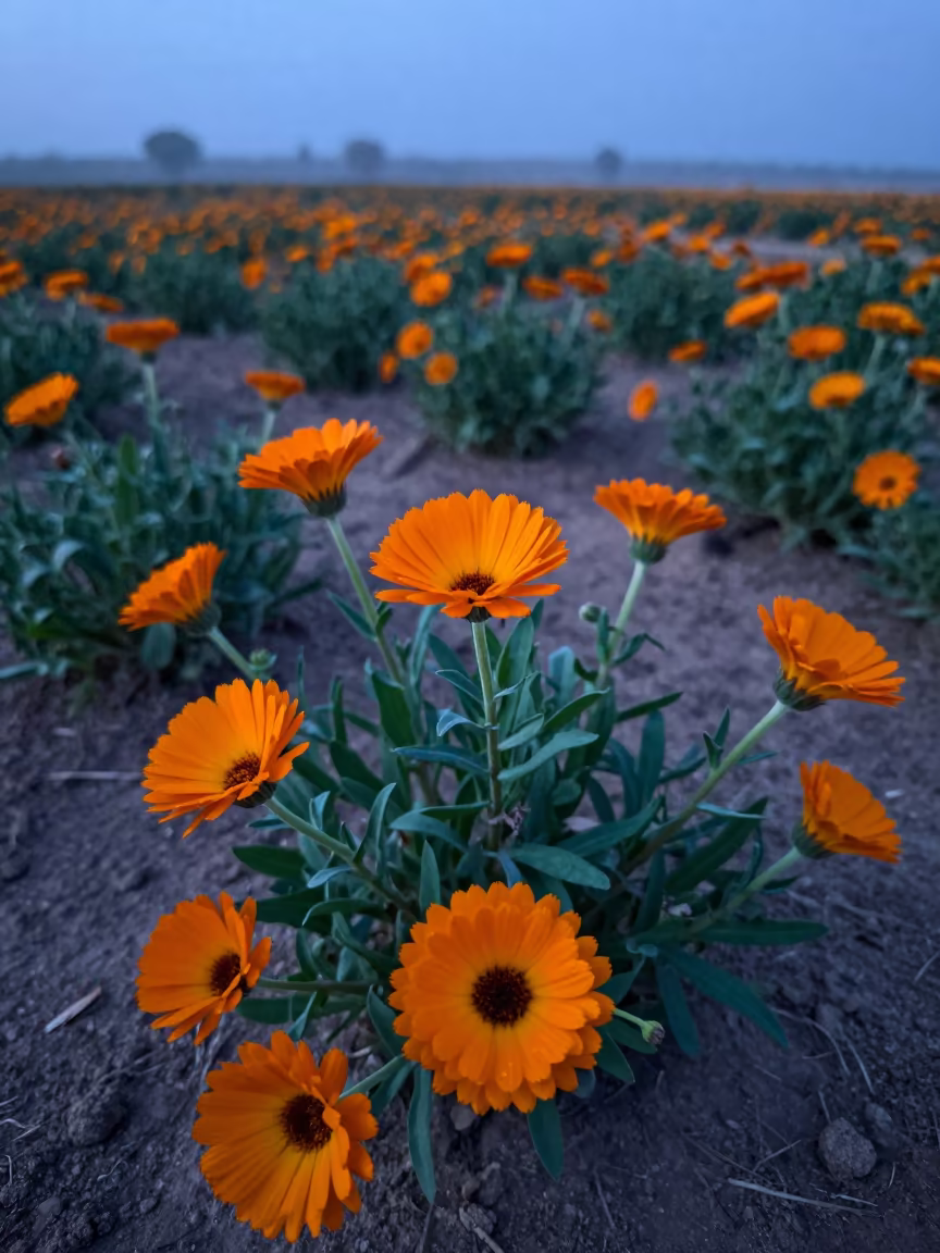 Orange Calendula Blooms in Mauritanian Fog in in Mauritania