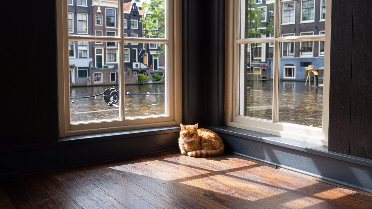 Orange Cat in Amsterdam at Midday Light in in Amsterdam, Netherlands
