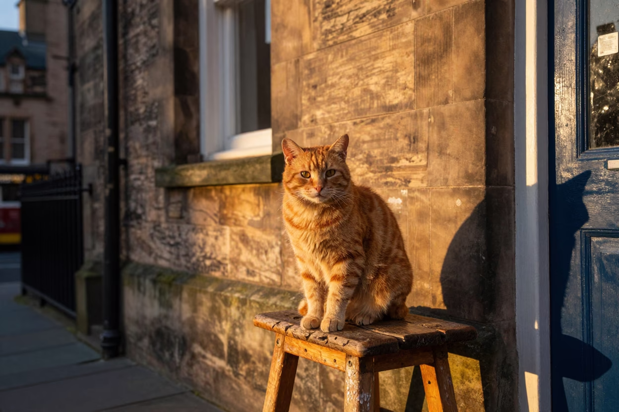 Orange Cat in Edinburgh at Honeyed Evening Light in in Edinburgh, United Kingdom