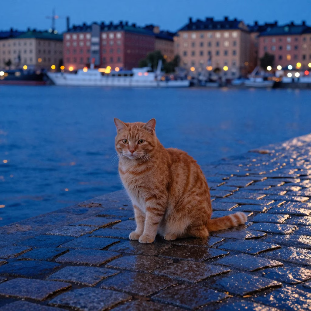 Orange Cat Sitting on Cobblestone in Stockholm Evening Blue Light in in Stockholm, Sweden