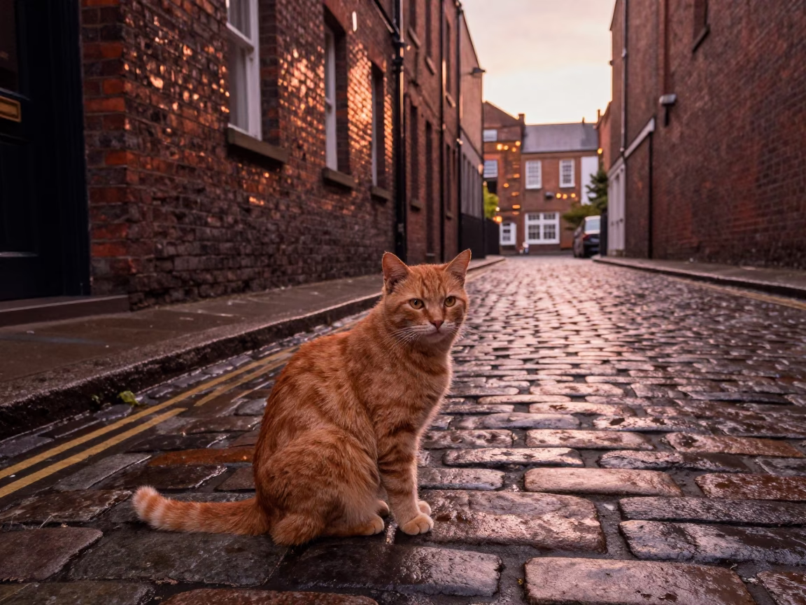 Orange Cat Sitting on Cobblestone Street in Liverpool UK Before Dusk in in Liverpool, United Kingdom