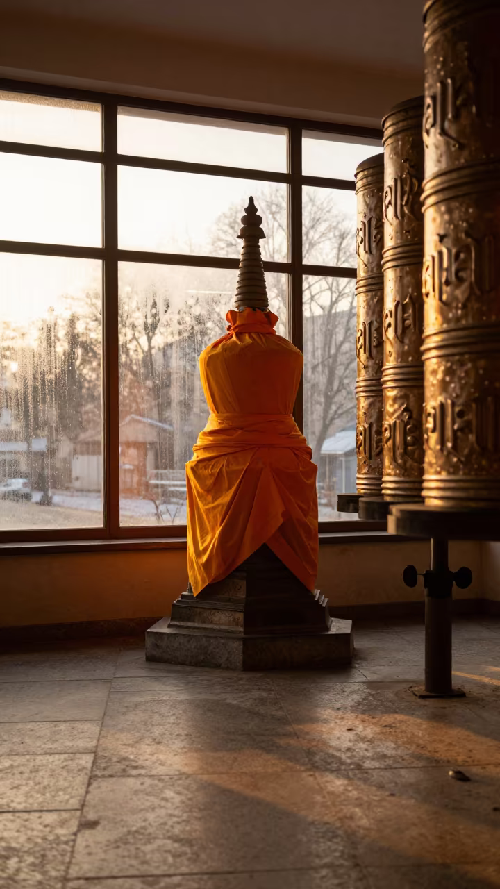Orange Clothed Stupa in Łódź Prayer Corridor in beside a prayer wheel corridor in Łódź