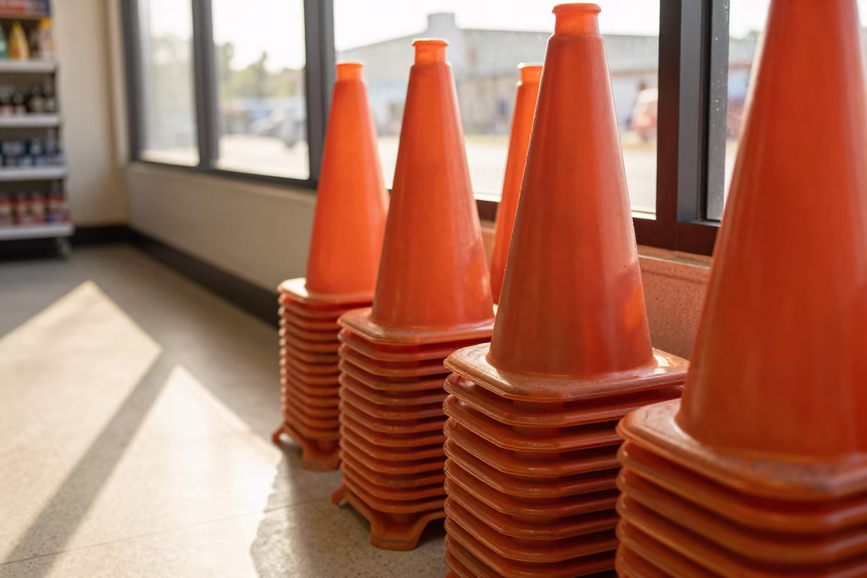 Orange Cones in Golden Window Light in beside a seasonal endcap near the sales floor in Markham