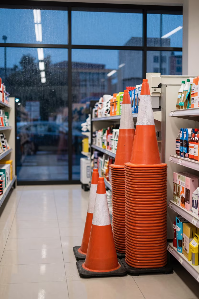 Orange Cones Stack by Store Endcap Twilight in beside a seasonal endcap near the sales floor in Larissa