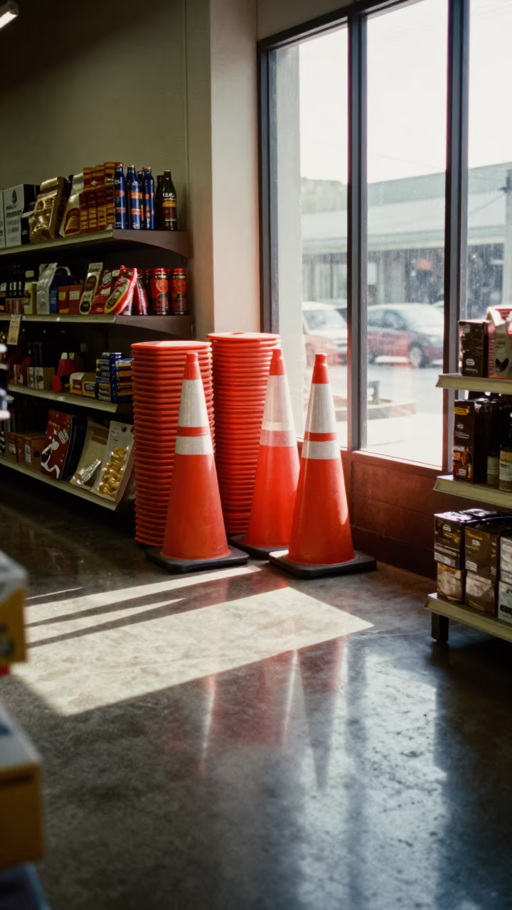 Orange Cones Stacked Near Santa Cruz Store Endcap in beside a seasonal endcap near the sales floor in Santa Cruz de la Sierra