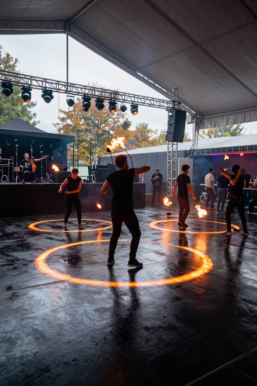 Orange Fire Dance Arcs Against Black Surf at Beijing Jazz Club in at a jazz club in Beijing