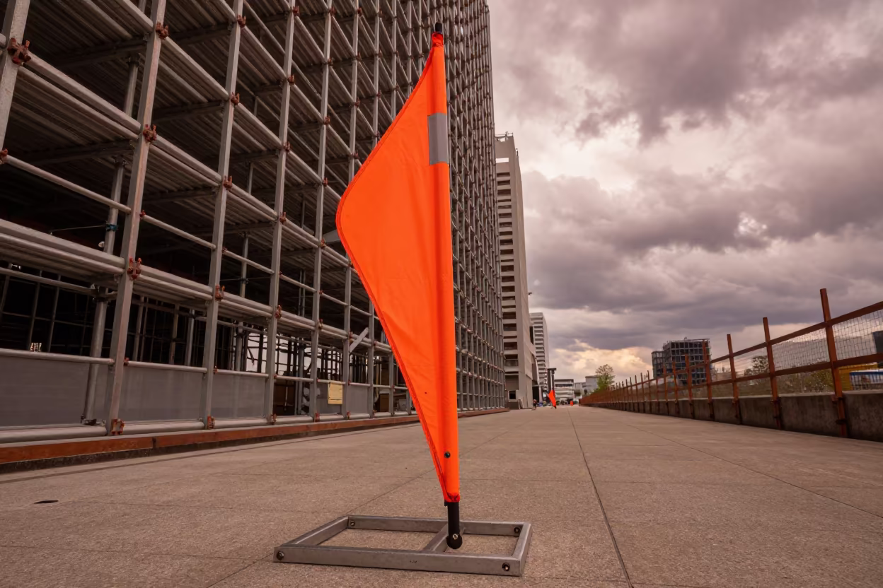 Orange Flagger Paddle on Scaffold Before Dusk in along a scaffolded facade in Yokohama