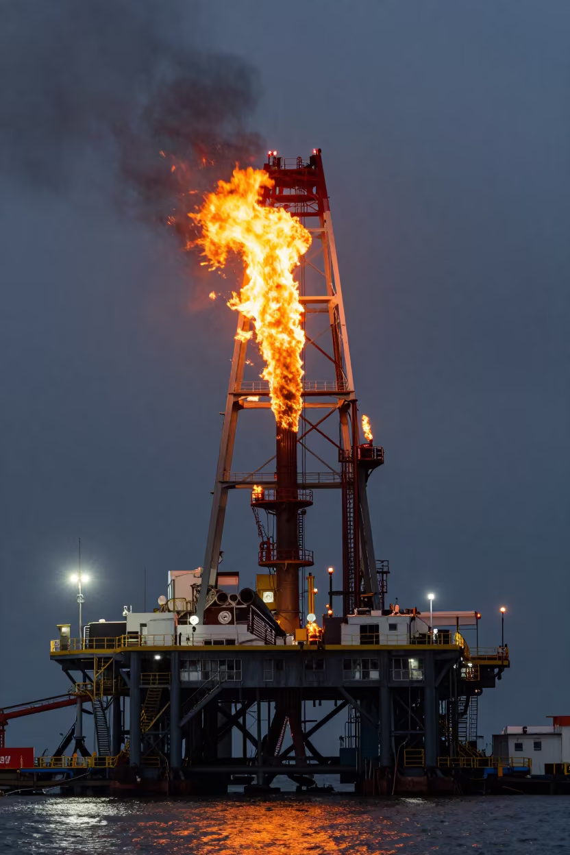 Orange Flare Stack Burning Against Dark Sky in under gantries and utility towers near Guangzhou