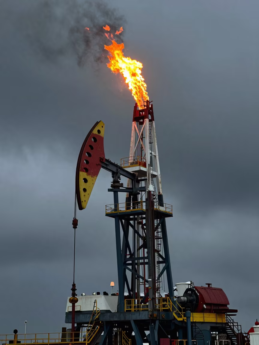 Orange Flare Stack Burning at Noon in beside exposed structural steel near Ulsan