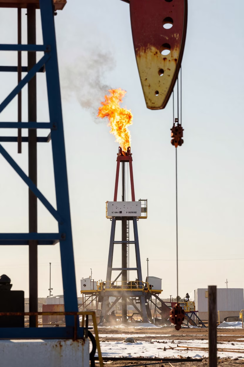 Orange Flare Stack Burning in Winter Texas Light in beside exposed structural steel in Texas