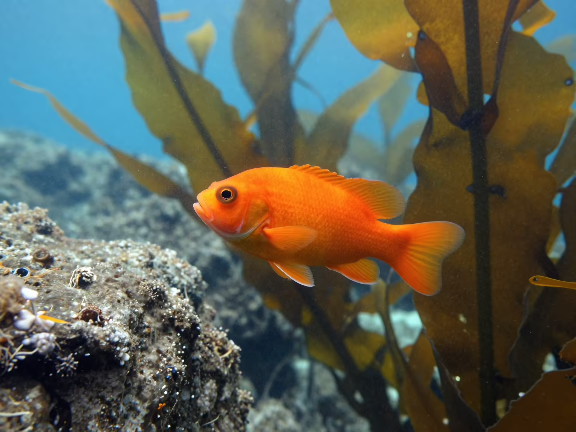 Orange Garibaldi Fish Defending Ledge in Portuguese Kelp Forest in beside a tide-cut rock ledge under clear water in Portugal