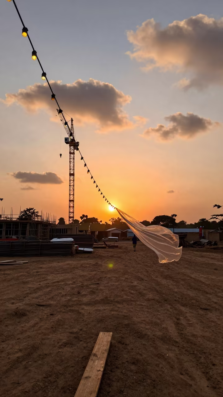 Orange Glow on Dust and Steel Under Makurdi Crane in beneath a tower crane on open ground in Makurdi